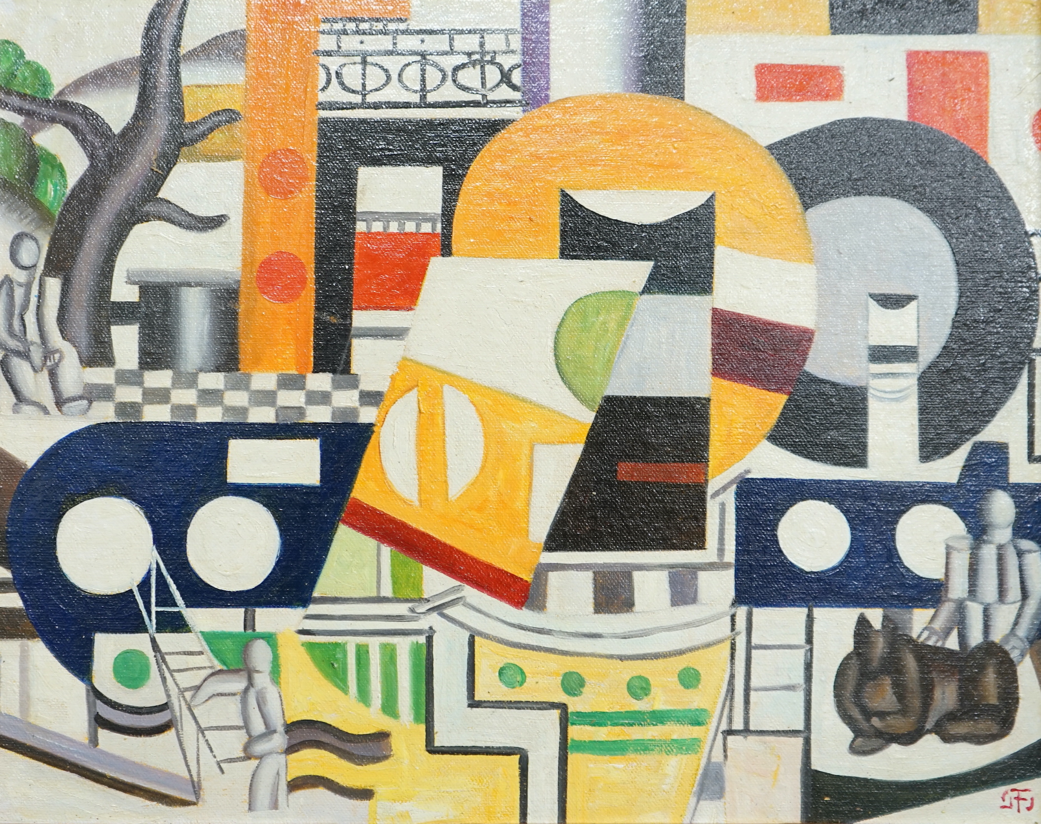 Manner of Fernand Leger (French, 1881-1955) oil on canvas board, Surreal composition, geometric shapes and figures, 29 x 39cm